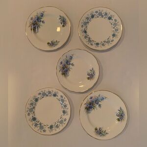 VTG Mismatched Set Of 5 Blue Floral Bread & Butter Plates Bone China England